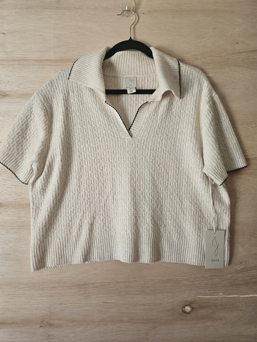 Joie Womens Cotton Blend Collared Short Sleeve Sweater Color Ivory/Black Size -M